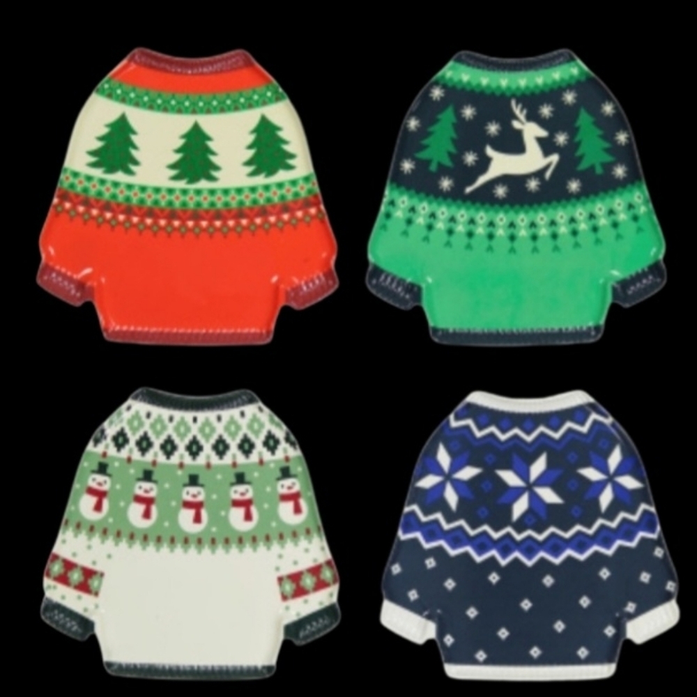 4pc Artisan Home Ugly Christmas Sweater Appetizer Dessert Melamine Plate Set New